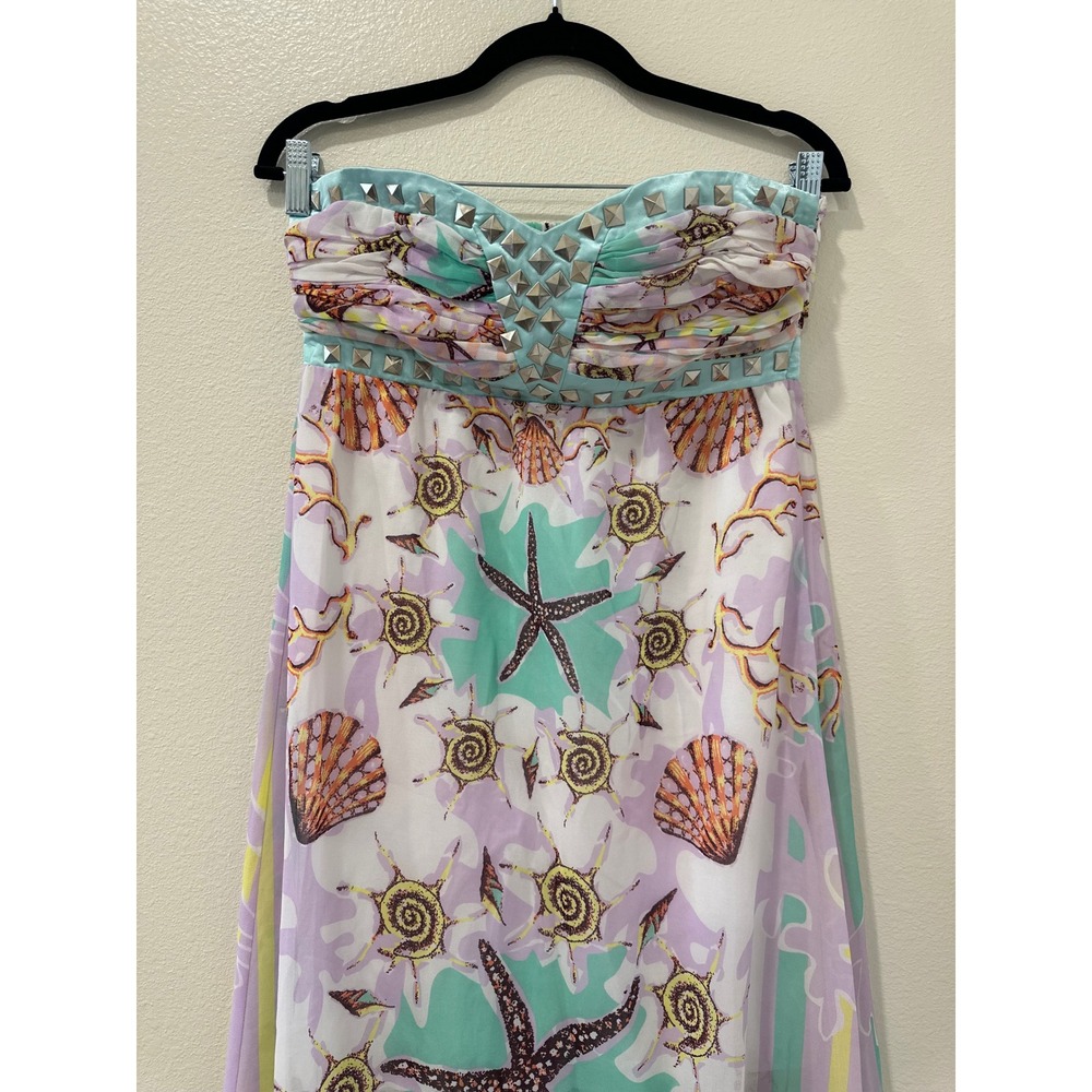 2b bebe Seascape Boarder Studded Strapless Maxi Dress Small Pastel Starfish New